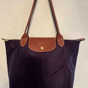 Longchamp Purple and Brown Tote Bag with Leather Accents